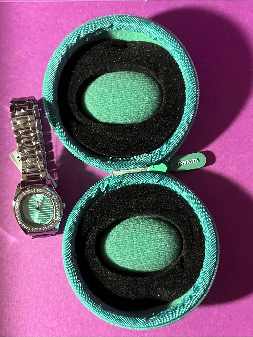 Invicta Silver Bracelet Watch with Teal Dial and Teal Travel Case